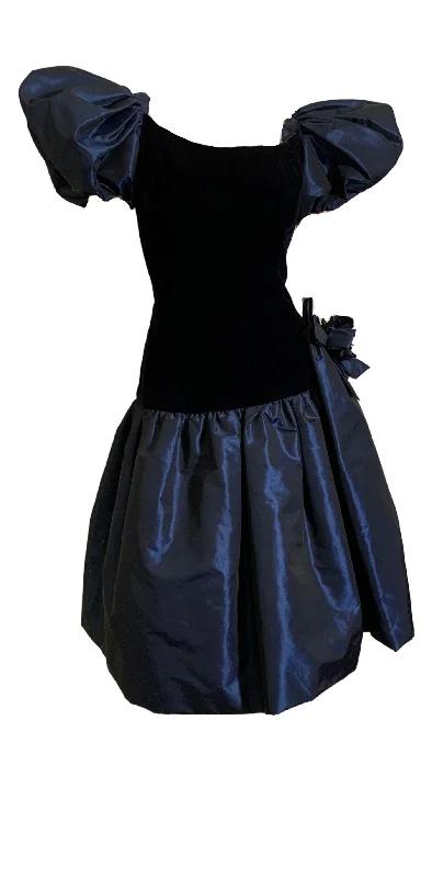 Deep Blue Changeable Taffeta and Velvet Puff Sleeve Dress circa 1980s