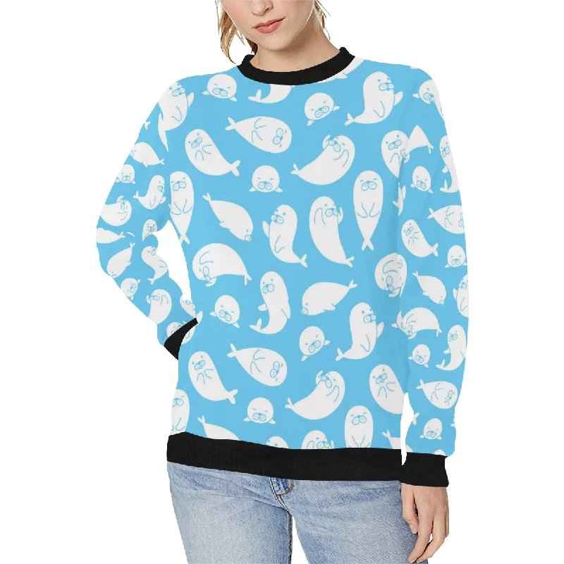 Cute white sea lion seals pattern Women's Crew Neck Sweatshirt