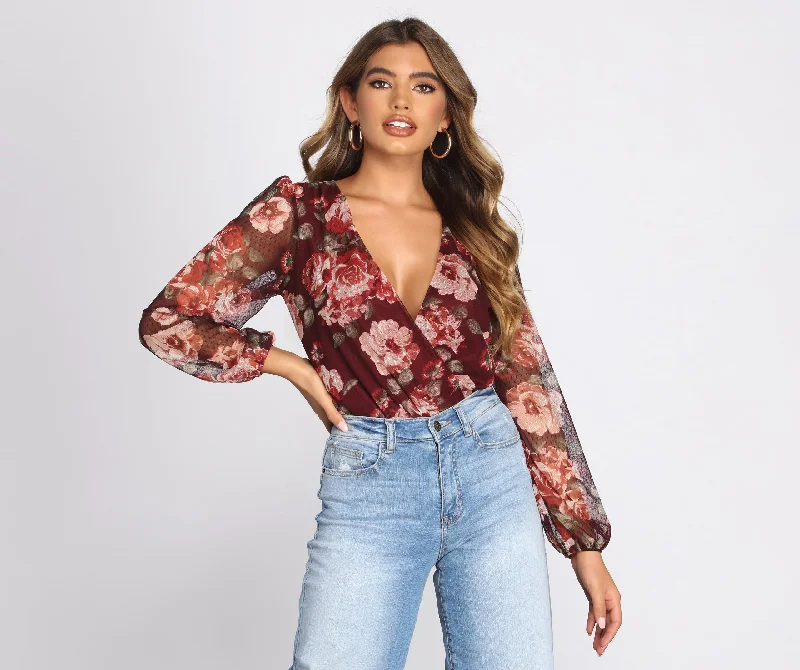 Floral Mesh Surplice Bodysuit