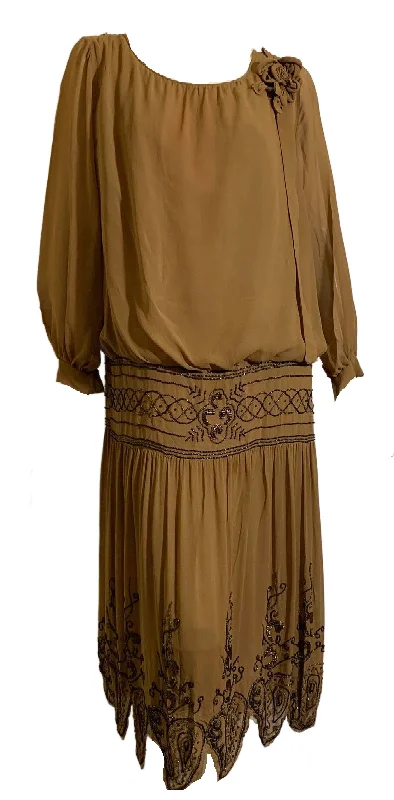 Cinnamon Silk Blouson Dropped Waist Beaded Dress circa 1920s