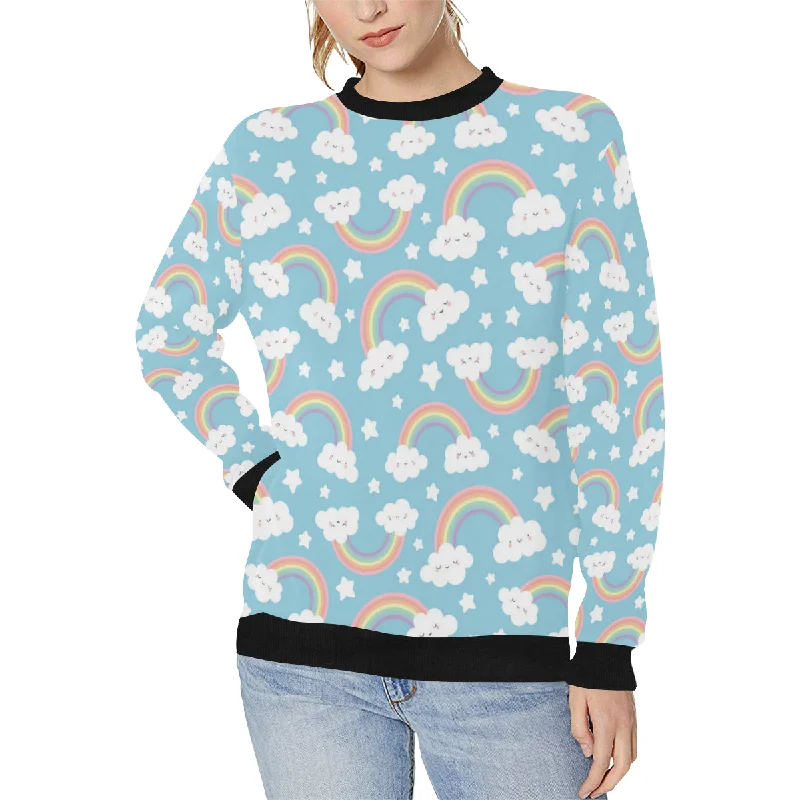 Cute rainbow clound star pattern blue background Women's Crew Neck Sweatshirt