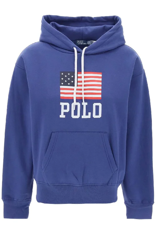 Hooded Sweatshirt With Flag Print  - Blue