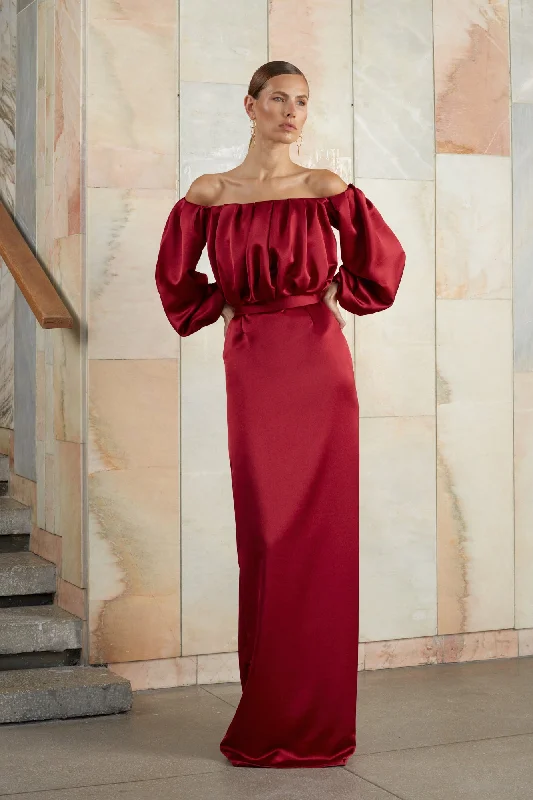 ALICE red off shoulder maxi dress