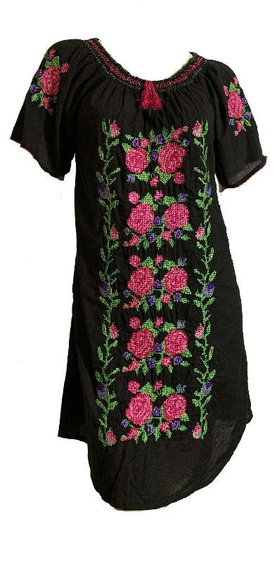 Floral  Embroidered Black Cotton Mexican Mini Dress Tunic circa 1980s