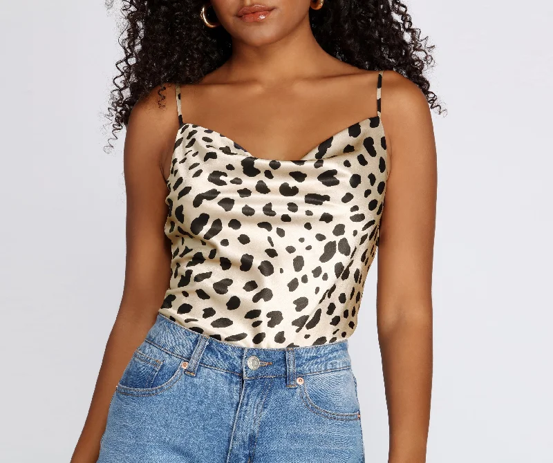 Leopard Print Cowl Neck Satin Top