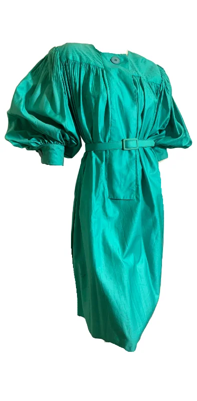 Bright Teal Cotton Belted Tent Dress with Voluminous Puff Sleeves circa 1980s