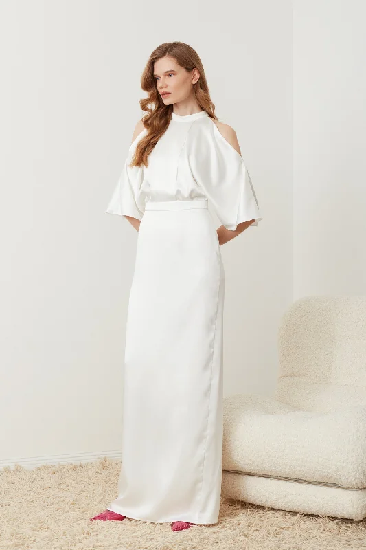 DEVA white cold shoulder maxi wedding dress