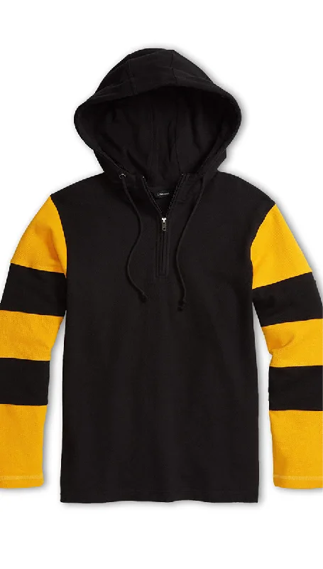 J. Peterman Men's Relaxed Fit Striped Sleeves Hooded Half Zipper Football Sweatshirt in Black and Yellow