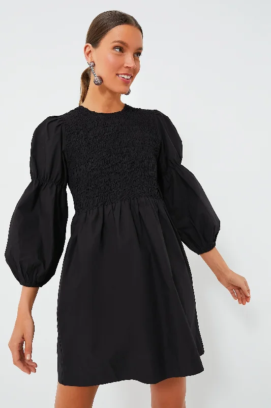 Black Cotton Poplin Mini Smock Dress