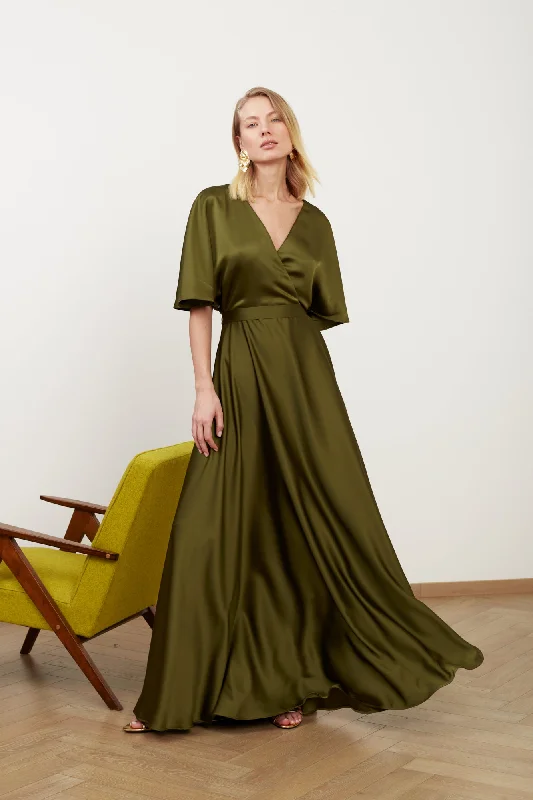 SOLENE olive green satin long dress for wedding guest