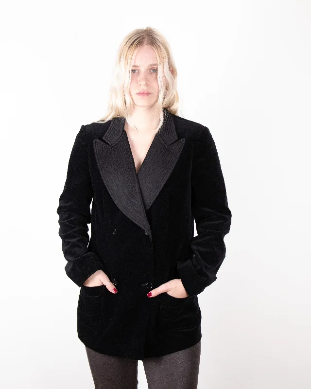 1980s Krizia Black Velvet Blazer with Oversized Silk Collar