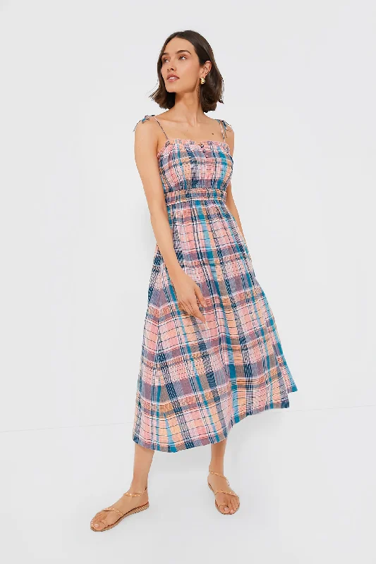 Plaid Mallard Blue Strappy Linen Midi Dress