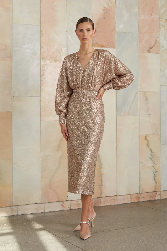 EVE nude sequin V neck dress