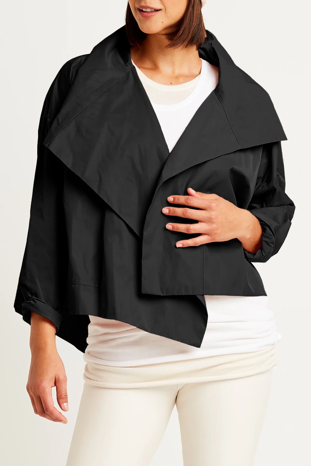 Nylon Cropped Asymmetrical Jacket in Black