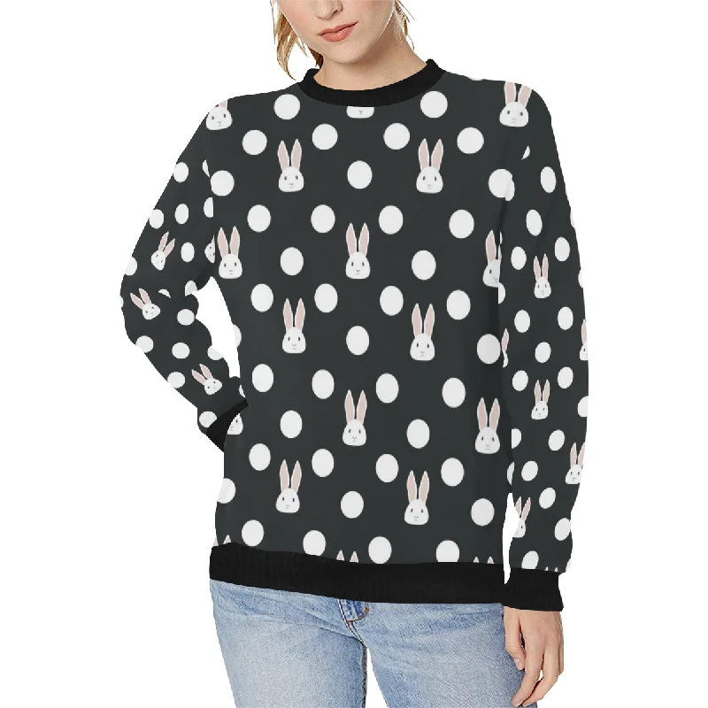 Cute white rabbit polka dots black background Women's Crew Neck Sweatshirt