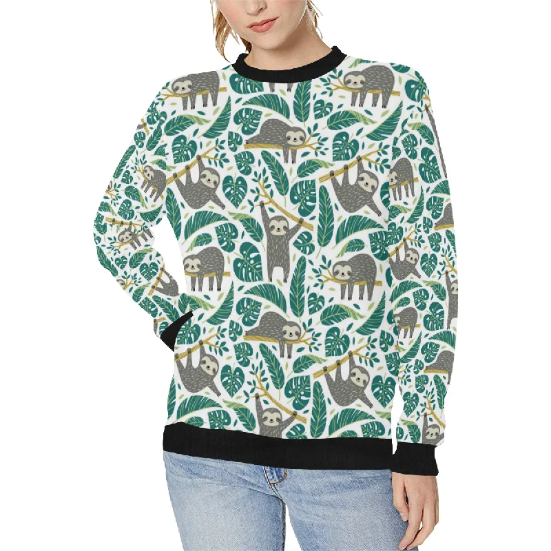 Cute sloths tropical palm leaves white background Women's Crew Neck Sweatshirt