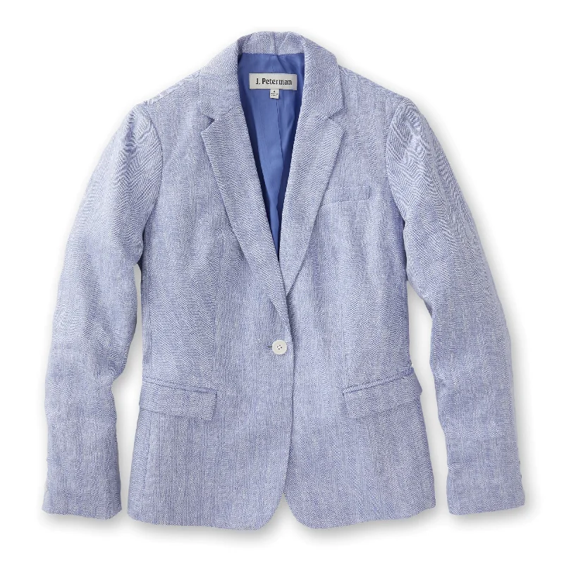 J. Peterman Women's Fitted Single Button Linen Twill Herringbone Blazer in Light Blue