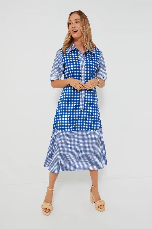 Navy Gingham 3/4 Shirt Midi Dress