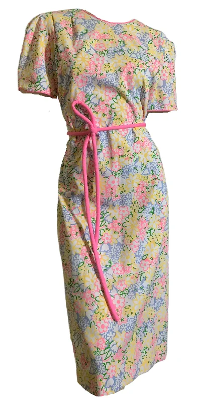 Bright Pastel Sketchwork Floral Print Dress circa 1960s