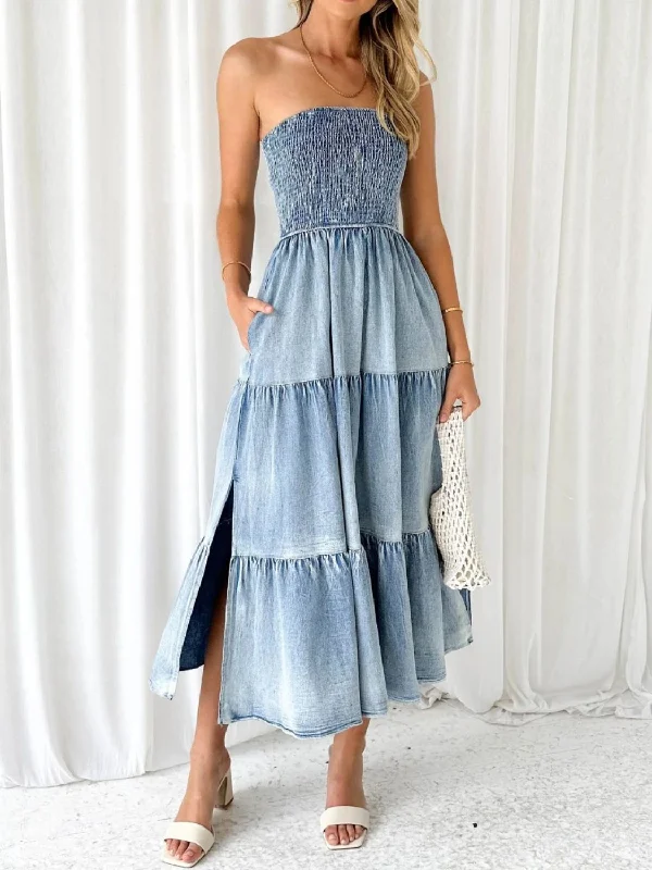 "Denim Smocked "Tube Tiered Denim Dress