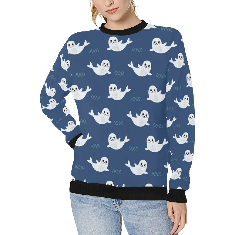 Cute white baby sea lion seal pattern Women's Crew Neck Sweatshirt