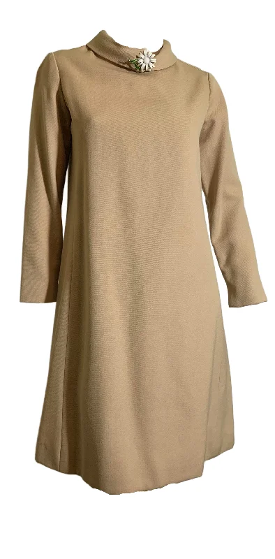 Chic Folded Collar Tan Dress circa 1960s