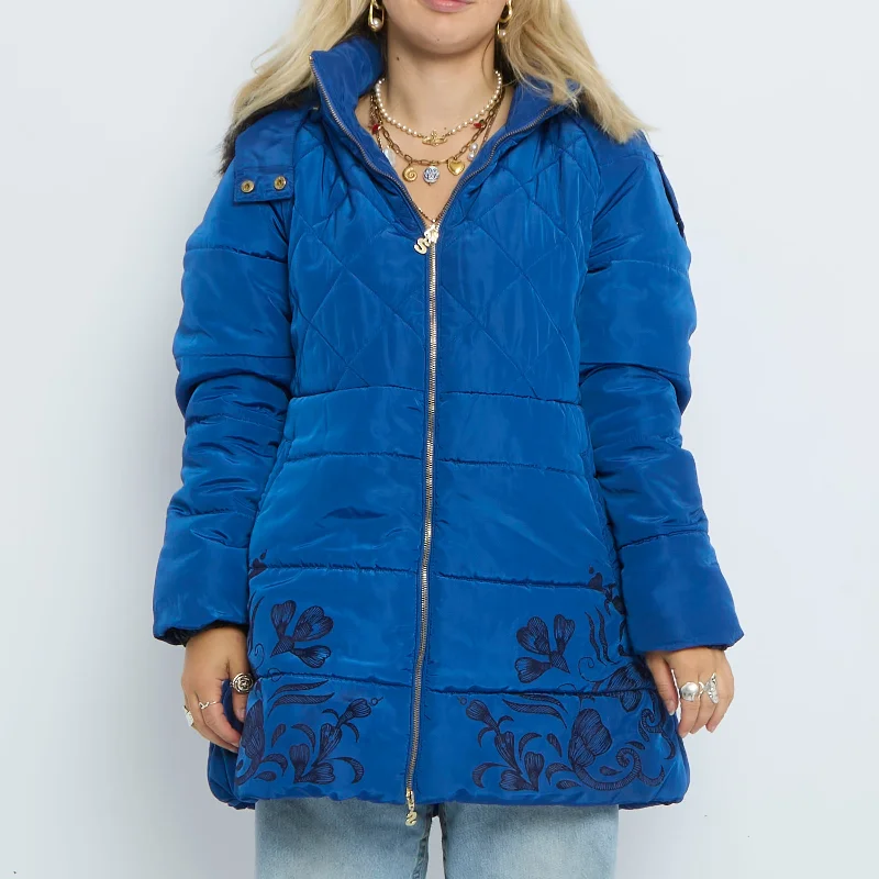 Desigual Faux Fur Trim Hooded Quilted Coat - UK 12