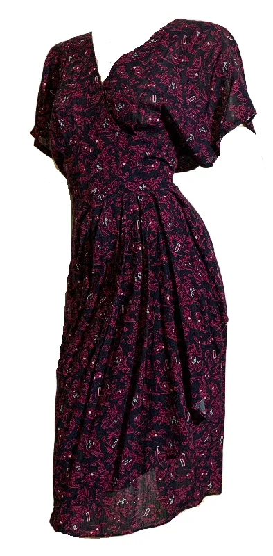 1940s Style Car and City Novelty Print Blue and Pink Dress circa 1980s