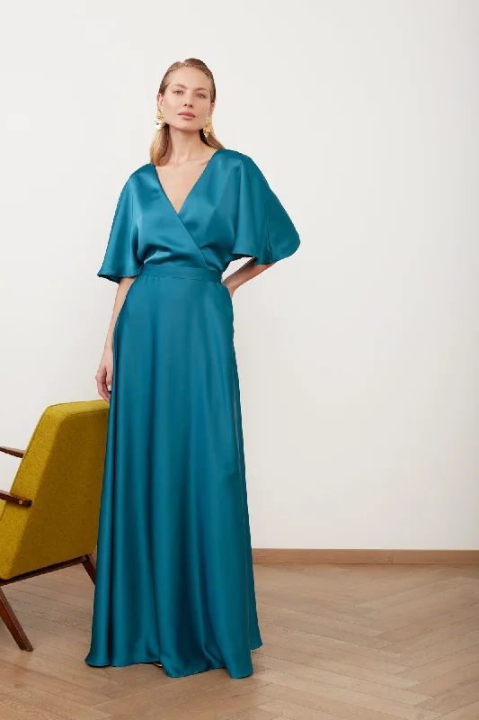 SOLENE dark turquoise satin maxi dress