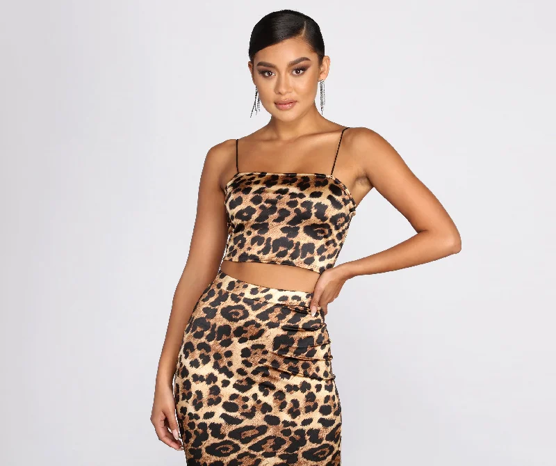 Cropped Leopard Print Satin Top