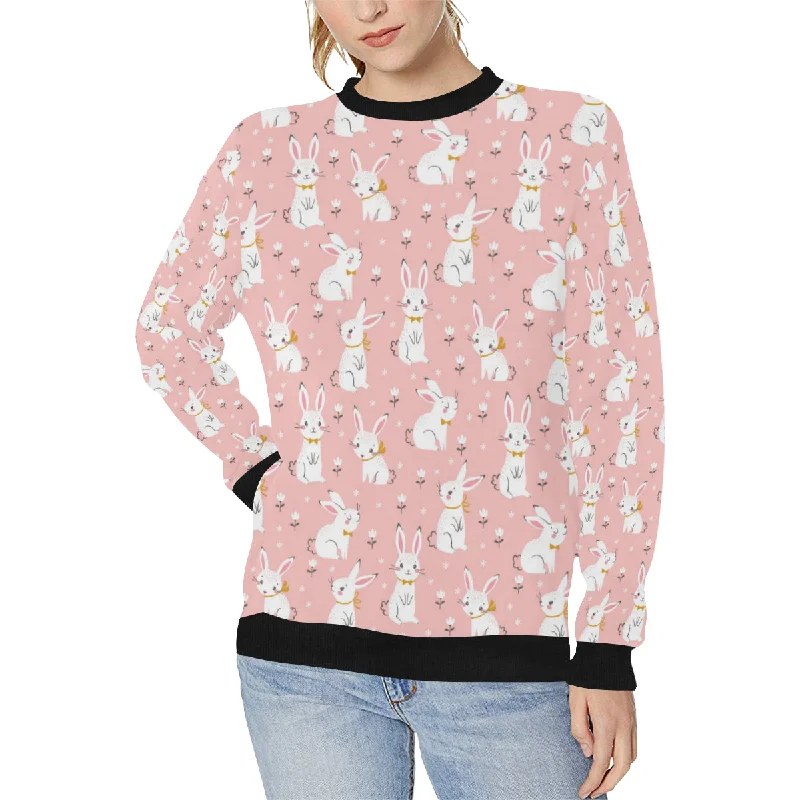 Cute white rabbit flower pink background Women's Crew Neck Sweatshirt