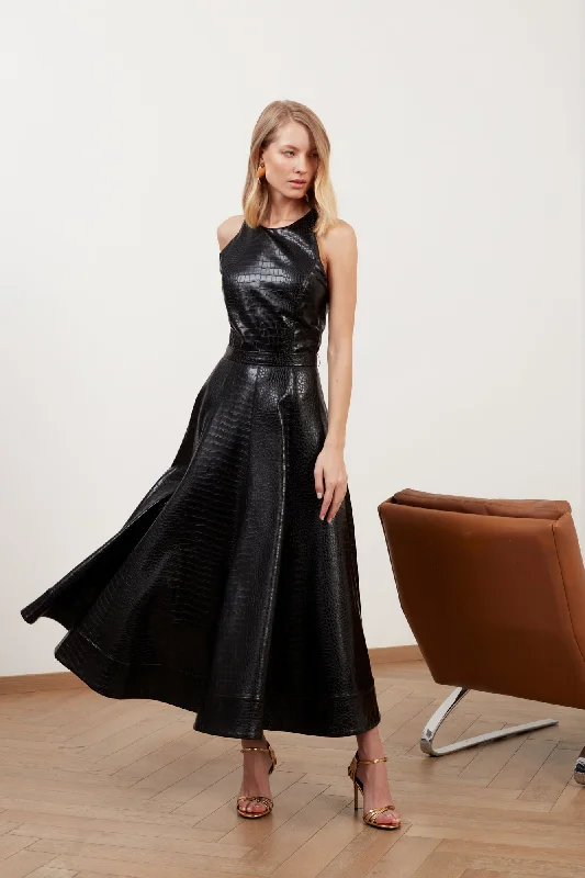 AVALON black textured vegan leather cocktail dress