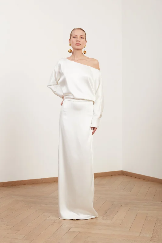 AGALIA soft satin off-the-shoulder maxi wedding dress with open shoulder