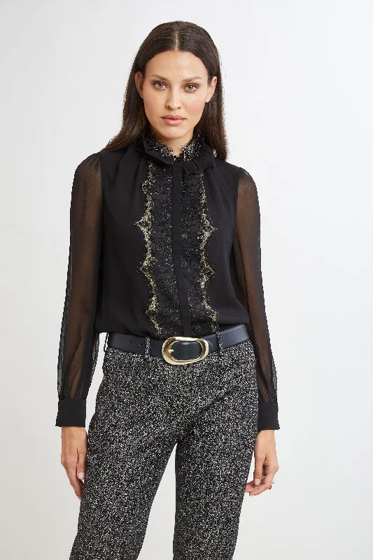 Metallic Lace Trim Silk Shirt