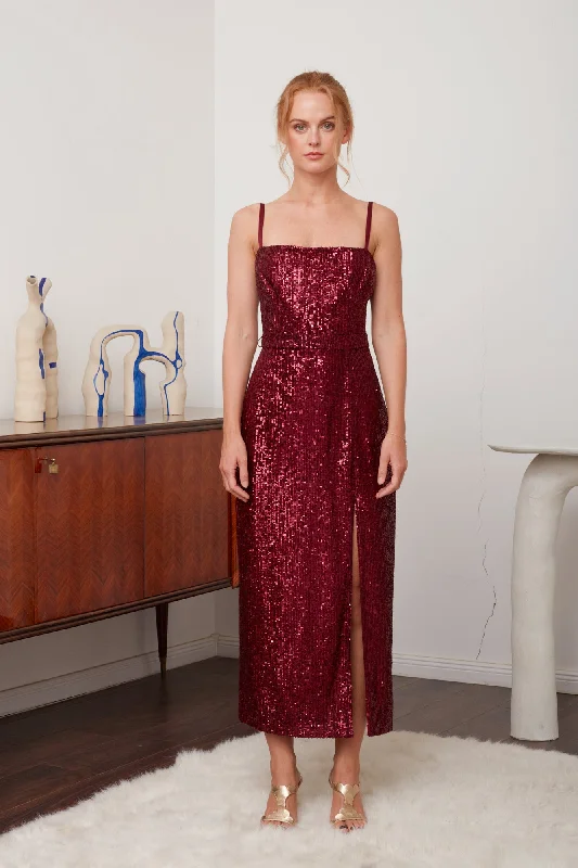 CHLOE deep red sequin open back cocktail dress