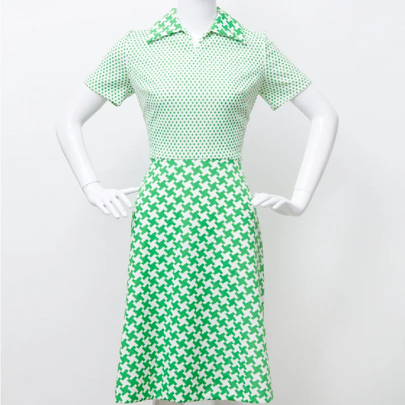 WEAR YOUR GREENS 60S POLKA DOTS HERRINGBONE MIXED PRINT DRESS