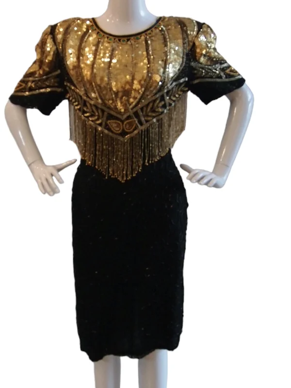 Feisty Flapper Black Gold Fully Beaded Sequinned Cocktail Evening Dress