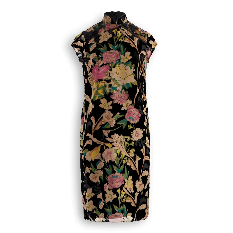 J. Peterman Women's Velvet Burnout Style Cap Sleeve High Neck Qipao Floral Dress