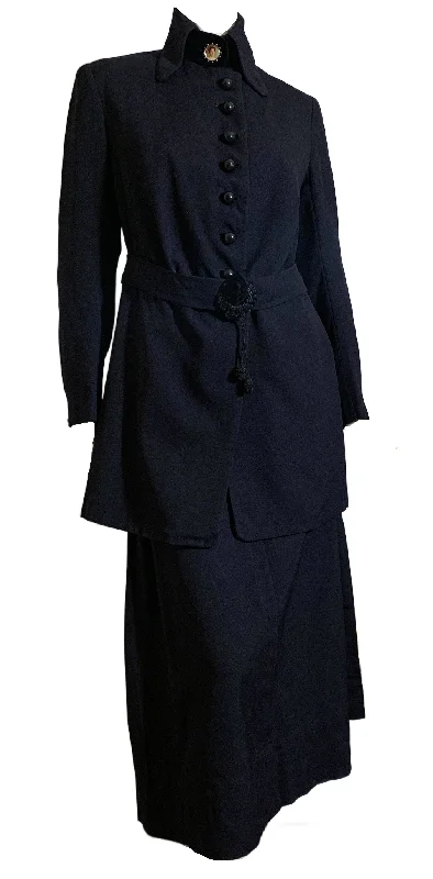 Votes for Women! Deep Blue Wool 2 Pc Walking Suit Dress with Velvet and Silk Accents circa 1910s