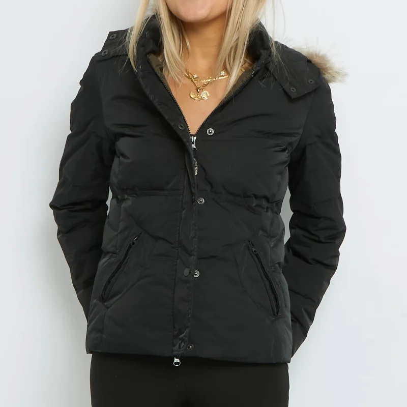 Fur Trim Hooded Button Padded Jacket- UK 10