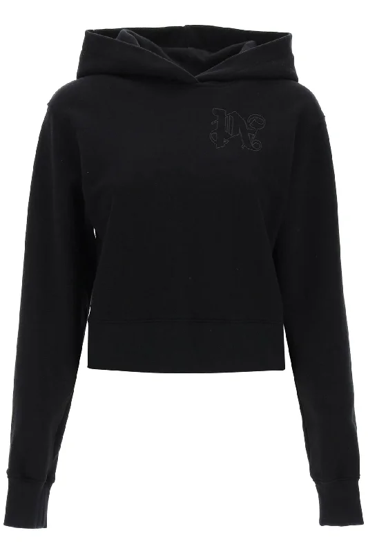 Cropped Hoodie With Monogram Embroidery  - Black