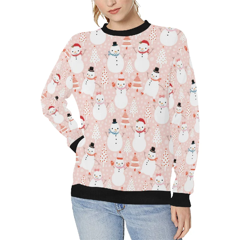 Cute snowman christmas tree snowpink background Women's Crew Neck Sweatshirt