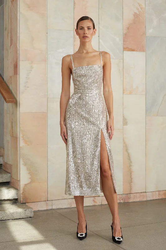 CHLOE silver sequin open back dress