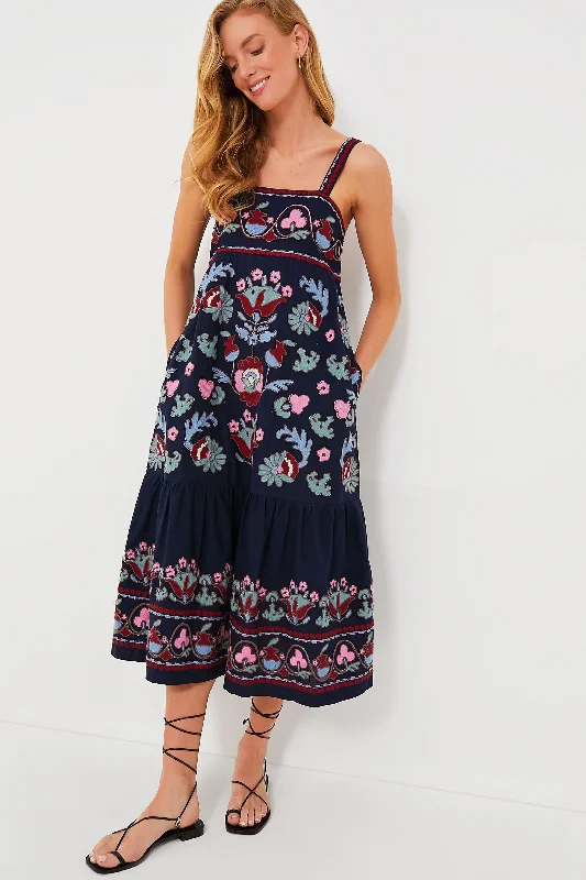 Navy Eclisse Embroidery Slip Dress