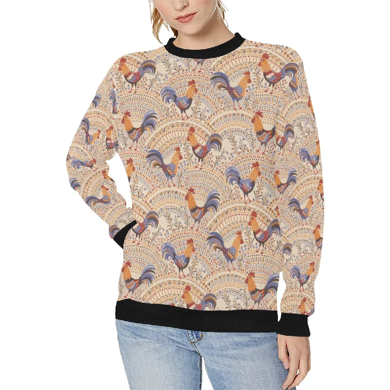 Cute rooster chicken cock floral ornament backgrou Women's Crew Neck Sweatshirt