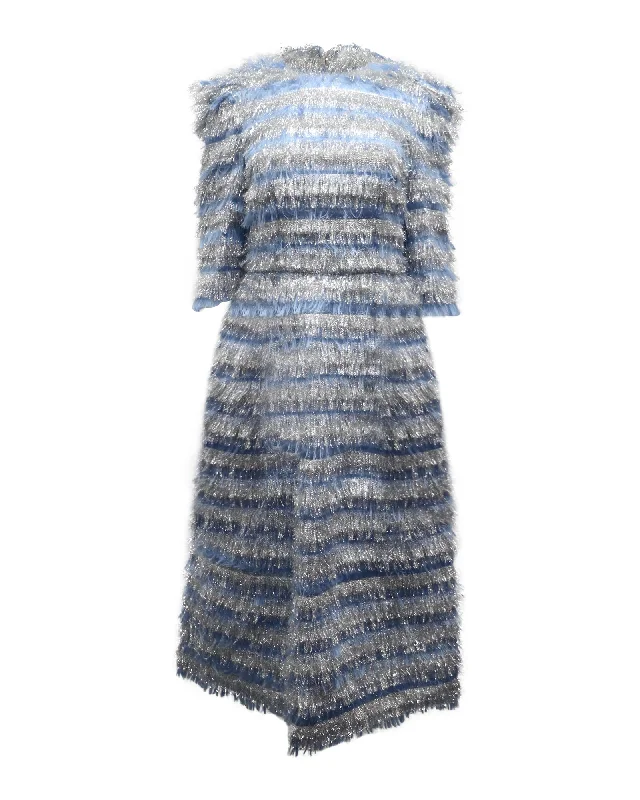 Dolce & Gabbana Striped Fringe Midi Dress in Light Blue Polyester