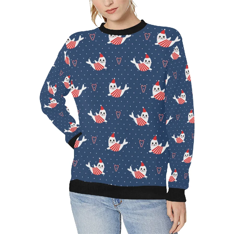 Cute sea lion seal christmas hat candy cane heart Women's Crew Neck Sweatshirt