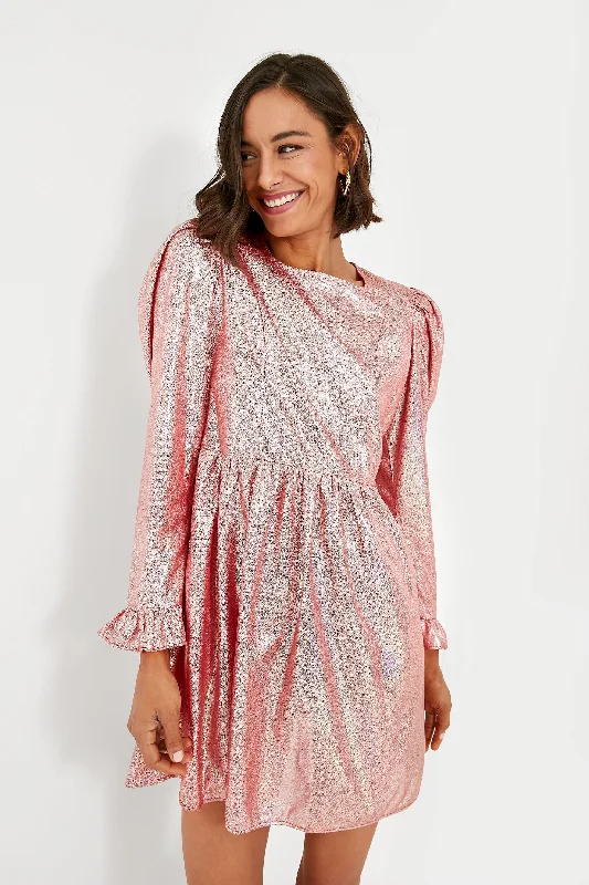 Holographic Ballerina Pink Square Neck Mini Prairie Dress