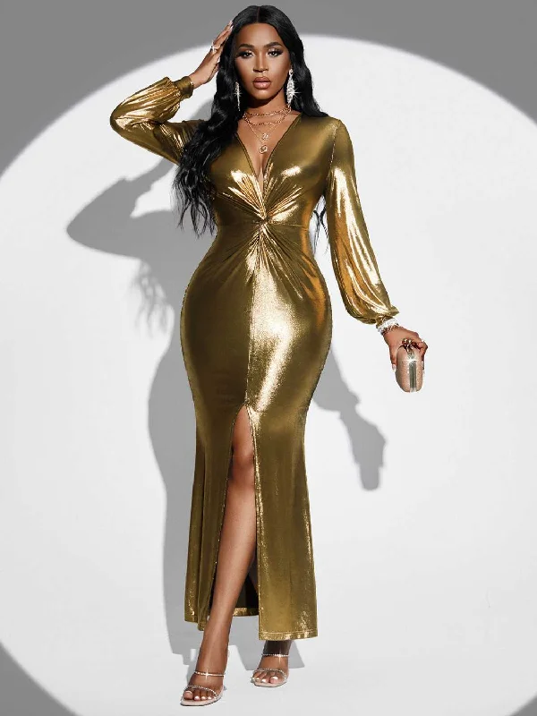 "Golden Silk" Slit Midi Dress