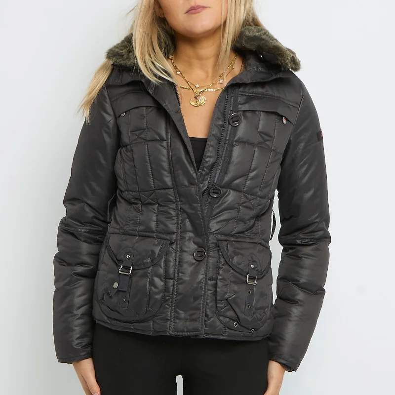 Detachable Fur Trim Buckle  Padded Jacket- UK 10